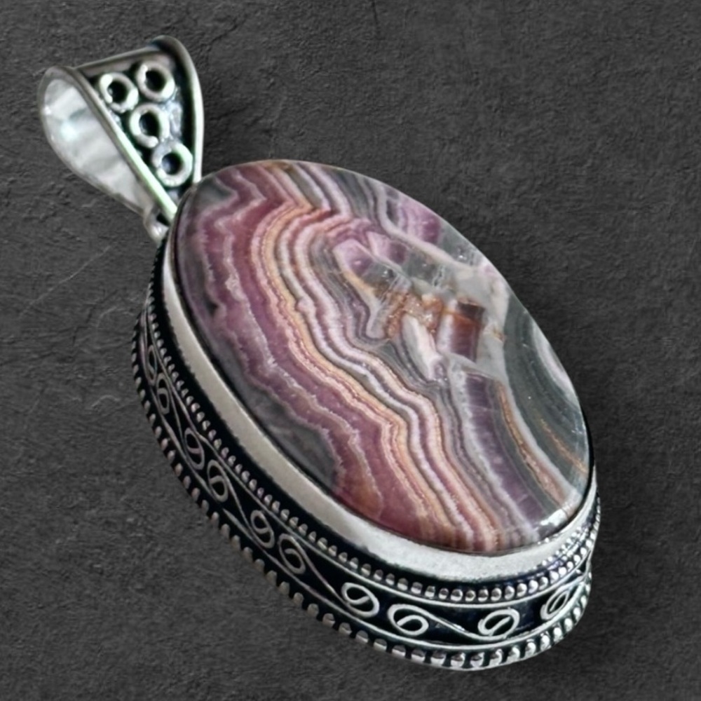 Artisan Multicolor Banded RHODOCHROSITE Oval Pendant Necklace - Women's Jewelry